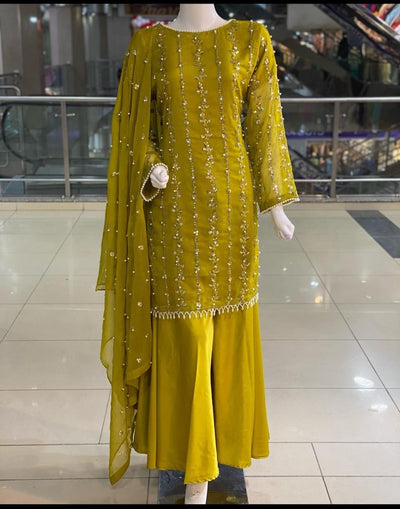 Frond And Back Both Side Heavy Sequence With Pearls Work On Shirt And Tassels,Lace Work On Sleeves,Shirt Border And Neck With Emb Dupatta 3Pcs