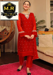 3pcs Aplic Design Embroidered With Lace Work On Sleeves And Border And Emb Dupatta