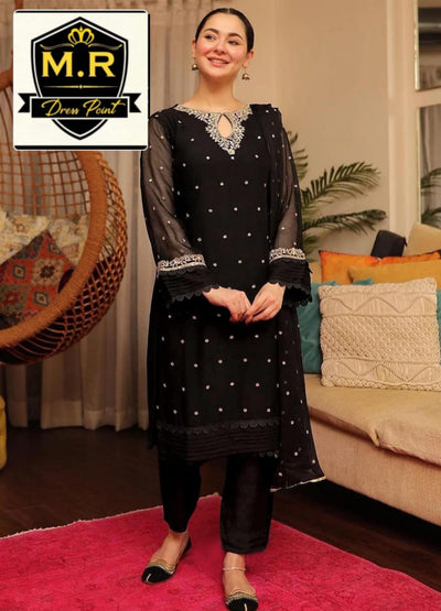 3pcs Aplic Design Embroidered With Lace Work On Sleeves And Border And Emb Dupatta